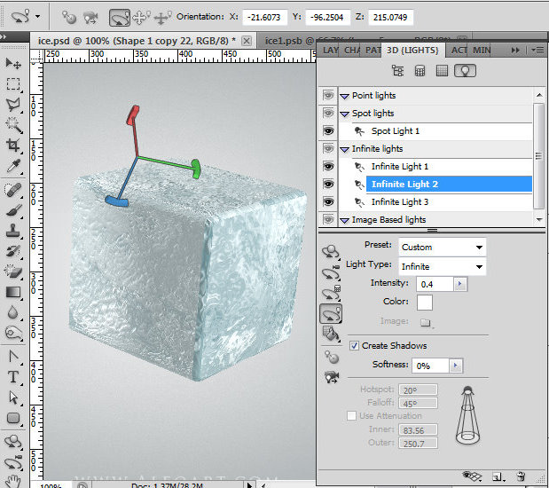 Ice cube 3D photoshop tools tutorial. 3D scene ice cube and cherry inside, ice txture effect in photoshop, ice reflection, 3D rendering, 3D light effects, realistic ice effectt, winterphotoshop  ideas